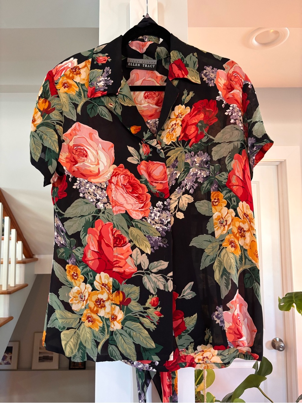 NWT Vintage 100% Silk Ellen Tracy Floral Button-Front Short Sleeve - Size 10